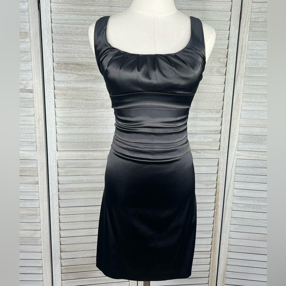 B. DARLIN Black Satin Sleeveless Bodycon Dress w Pleating-1/2